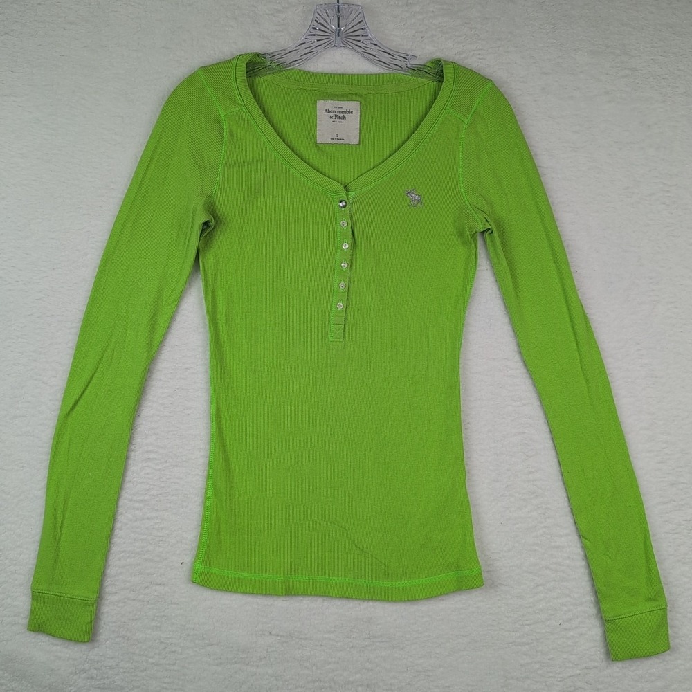 Abercrombie & Fitch Y2K Bella Swan Green Ribbed Long Sleeve Henley Top Size‎ S